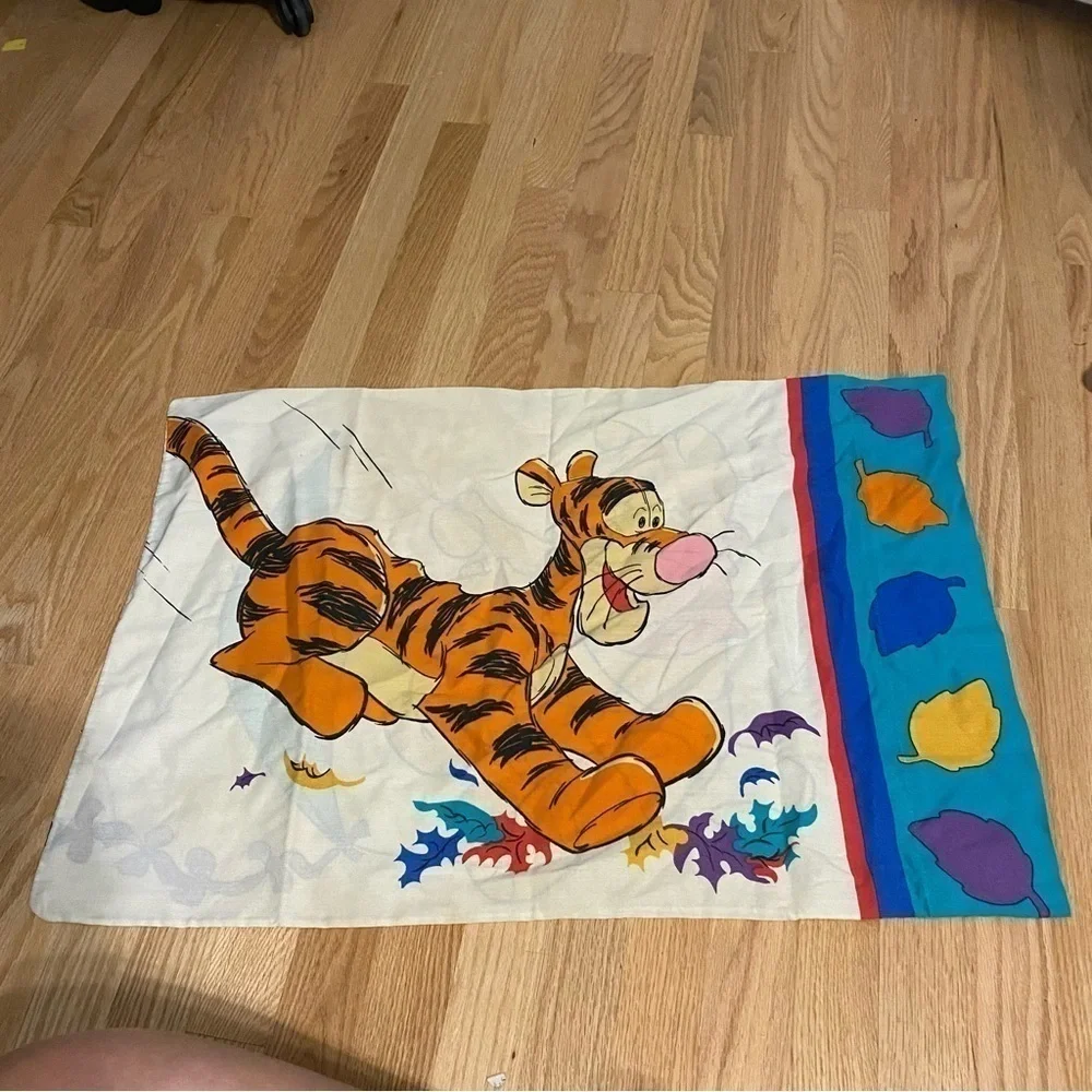 Disney Winnie the Pooh Vintage Pillow Case Tigger Leaves Fall Blue Orange Yellow
